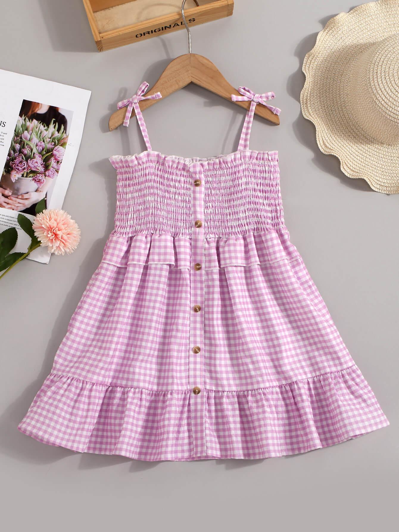 Girls Gingham Decorative Button Smocked Dress 1y-6y - Fashion Girl Online Store