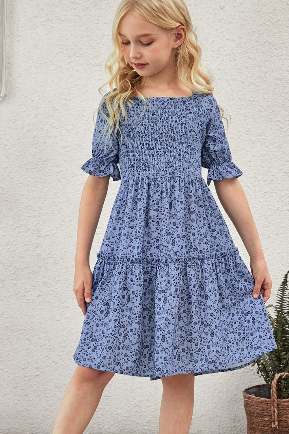 Girls Printed Smocked Flounce Sleeve Dress - Fashion Girl Online Store