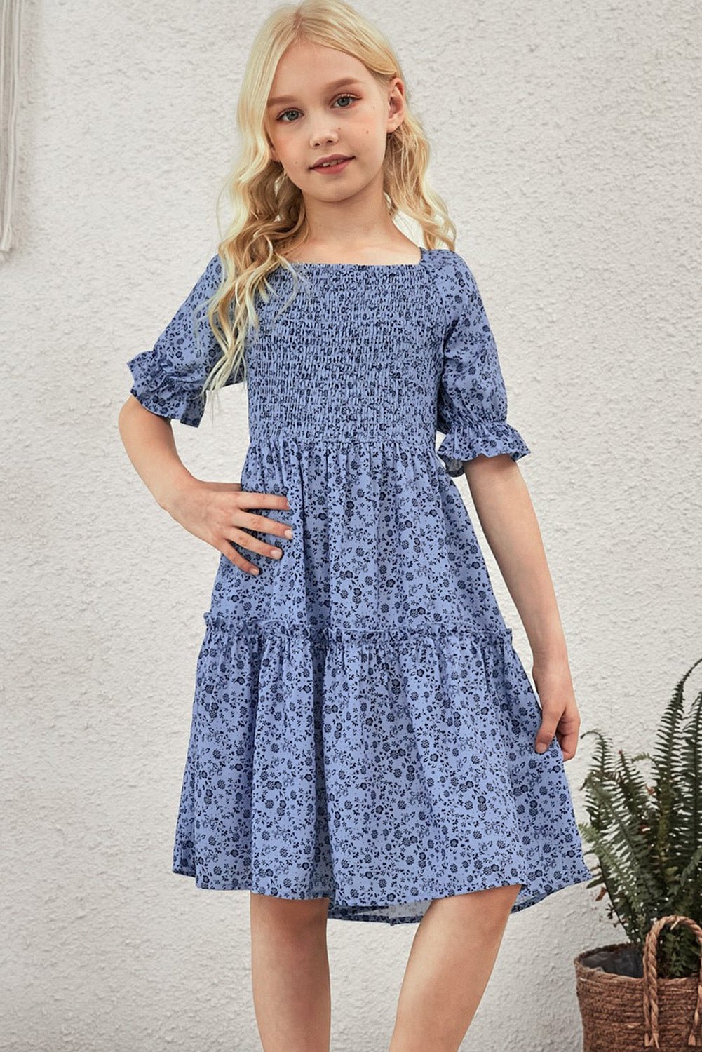 Girls Printed Smocked Flounce Sleeve Dress - Fashion Girl Online Store