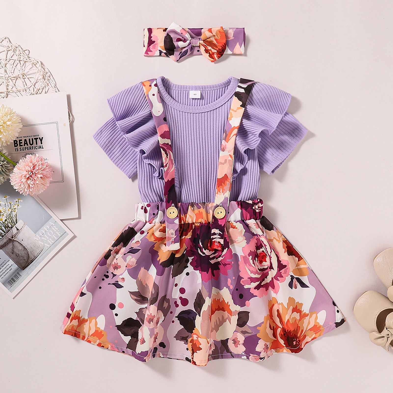 Girls Ruffle Trim Tee Shirt and Floral Pinafore Skirt Set Age: 1-6y - Fashion Girl Online Store