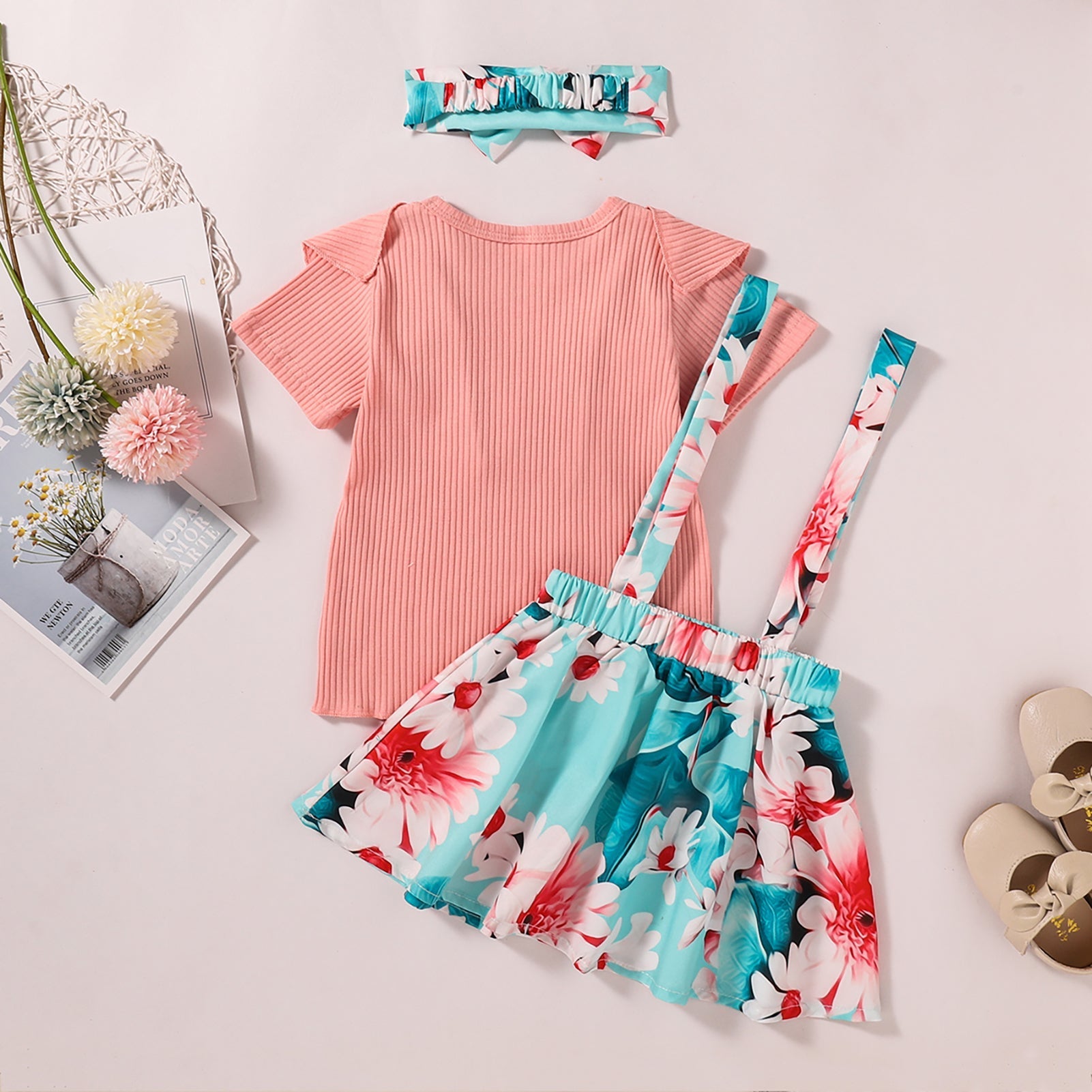 Girls Ruffle Trim Tee Shirt and Floral Pinafore Skirt Set Age: 1-6y - Fashion Girl Online Store