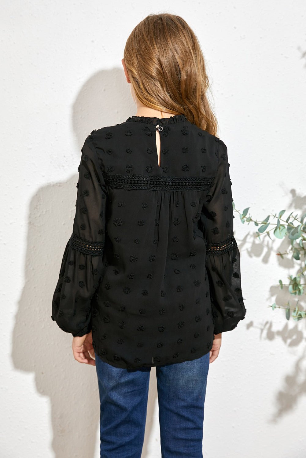 Girls Swiss Dot Spliced Lace Notched Blouse - Fashion Girl Online Store