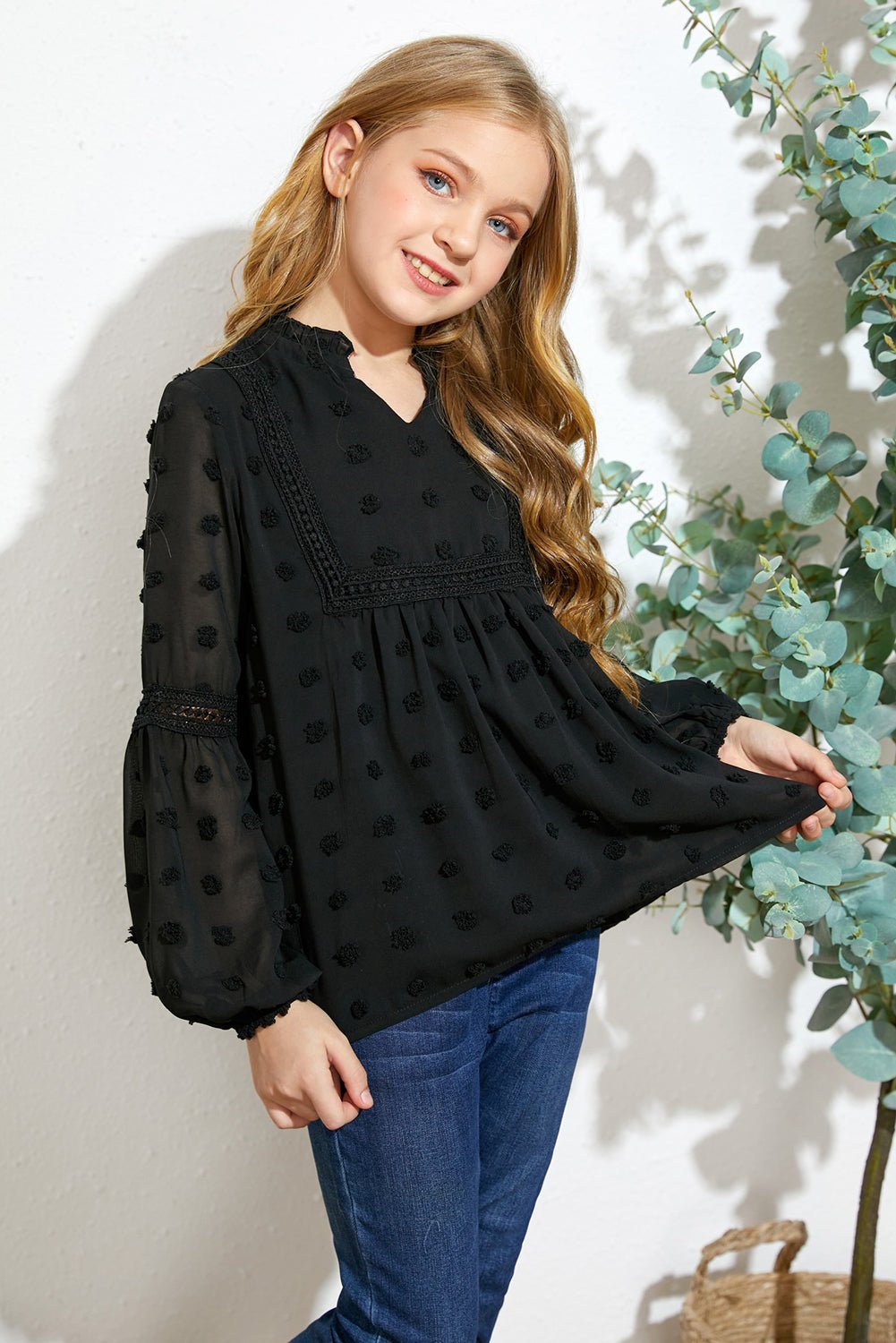 Girls Swiss Dot Spliced Lace Notched Blouse - Fashion Girl Online Store