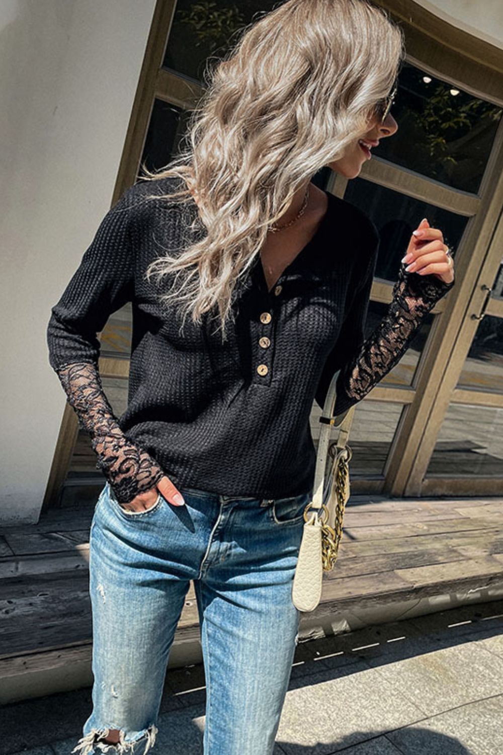 Half Button Spliced Lace Waffle-Knit Top - Fashion Girl Online Store
