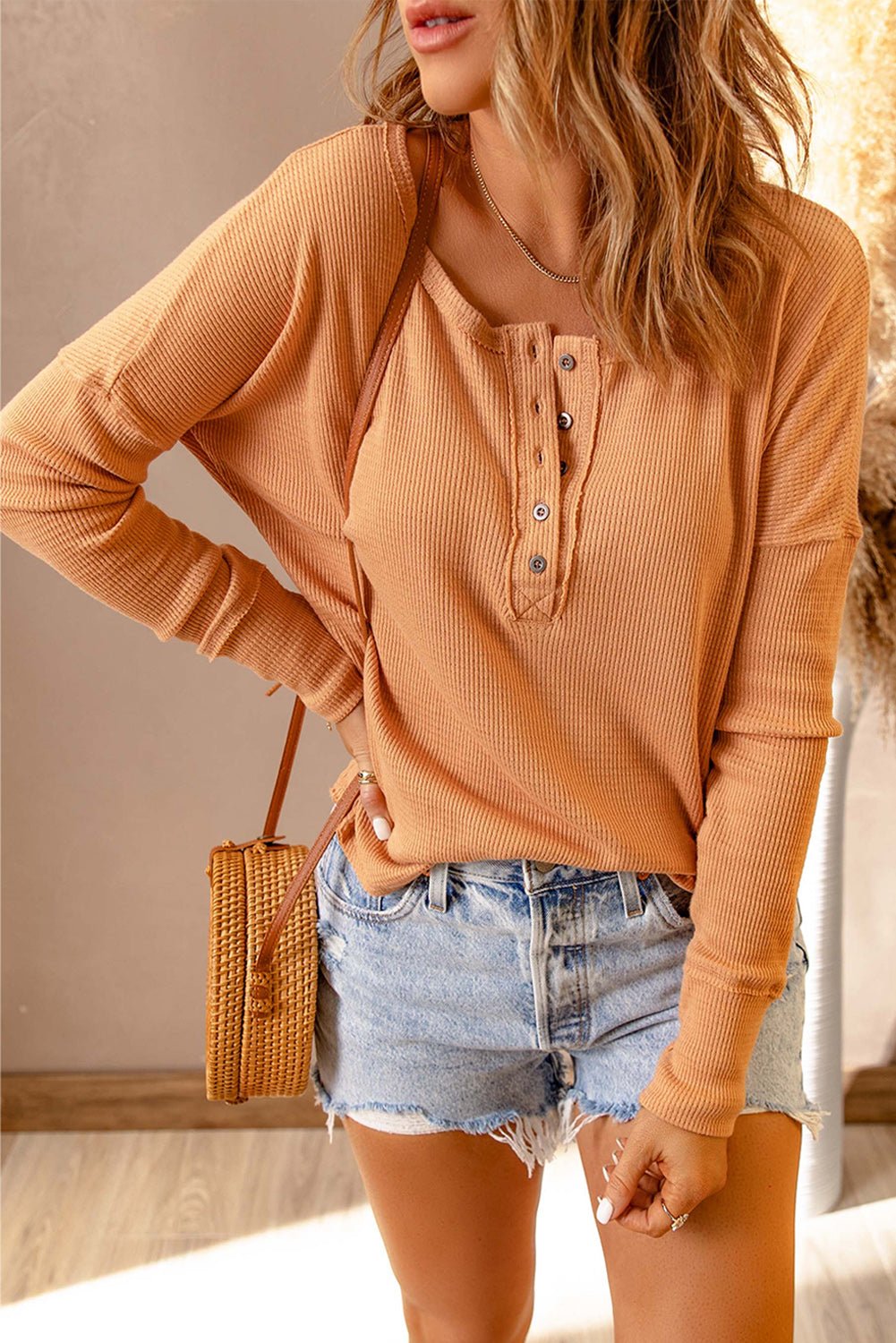 Half Button Waffle Knit Long Sleeve Top - Fashion Girl Online Store