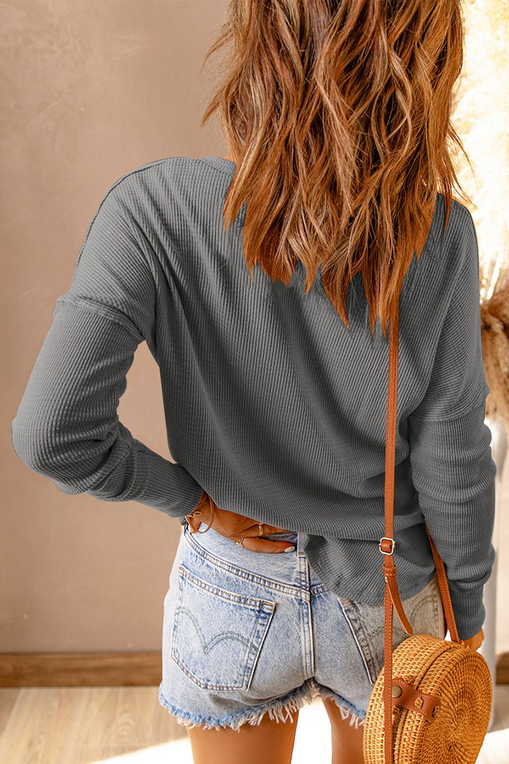 Half Button Waffle Knit Long Sleeve Top - Fashion Girl Online Store