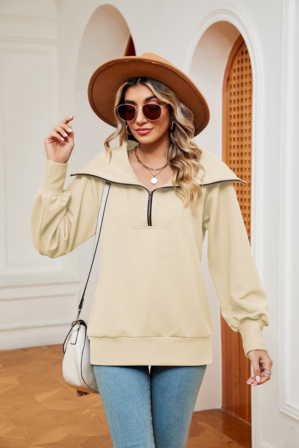 Half-Zip Collared Sweatshirt - Fashion Girl Online Store