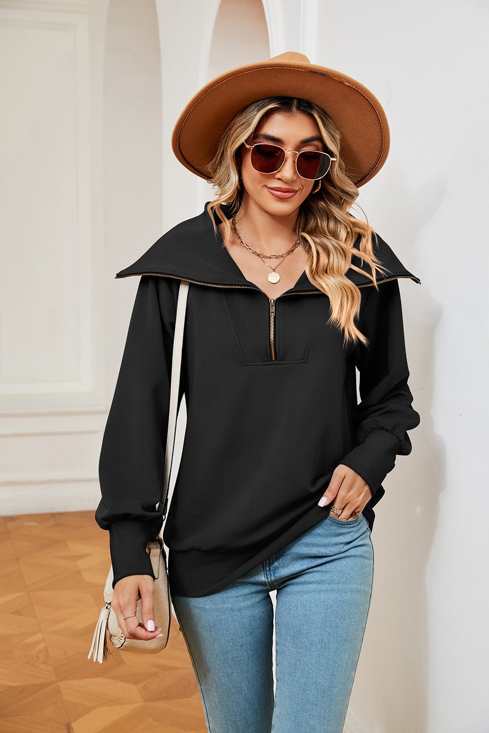 Half-Zip Collared Sweatshirt - Fashion Girl Online Store