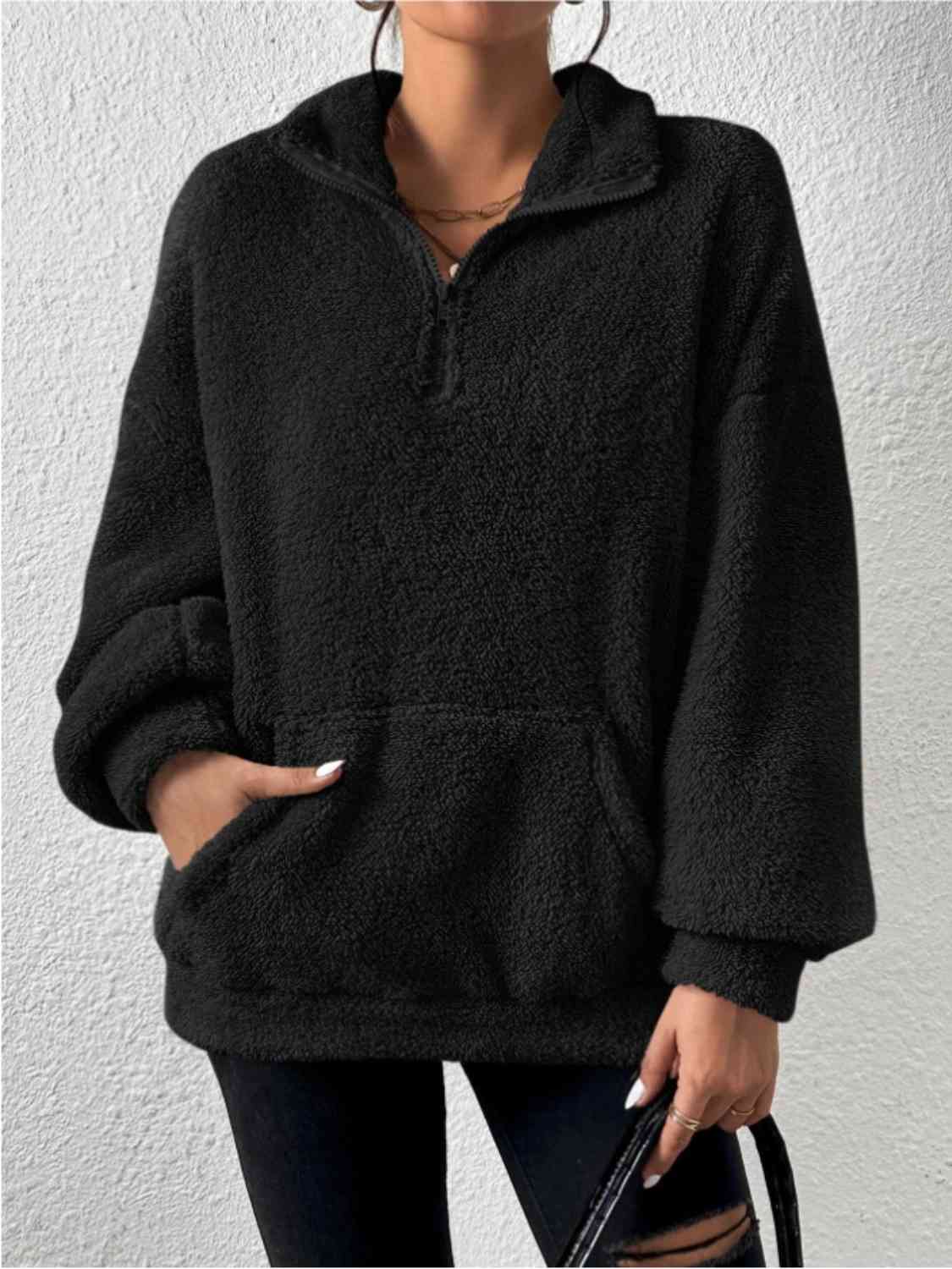 Half Zip Drop Shoulder Sweatshirt with Pocket - Fashion Girl Online Store