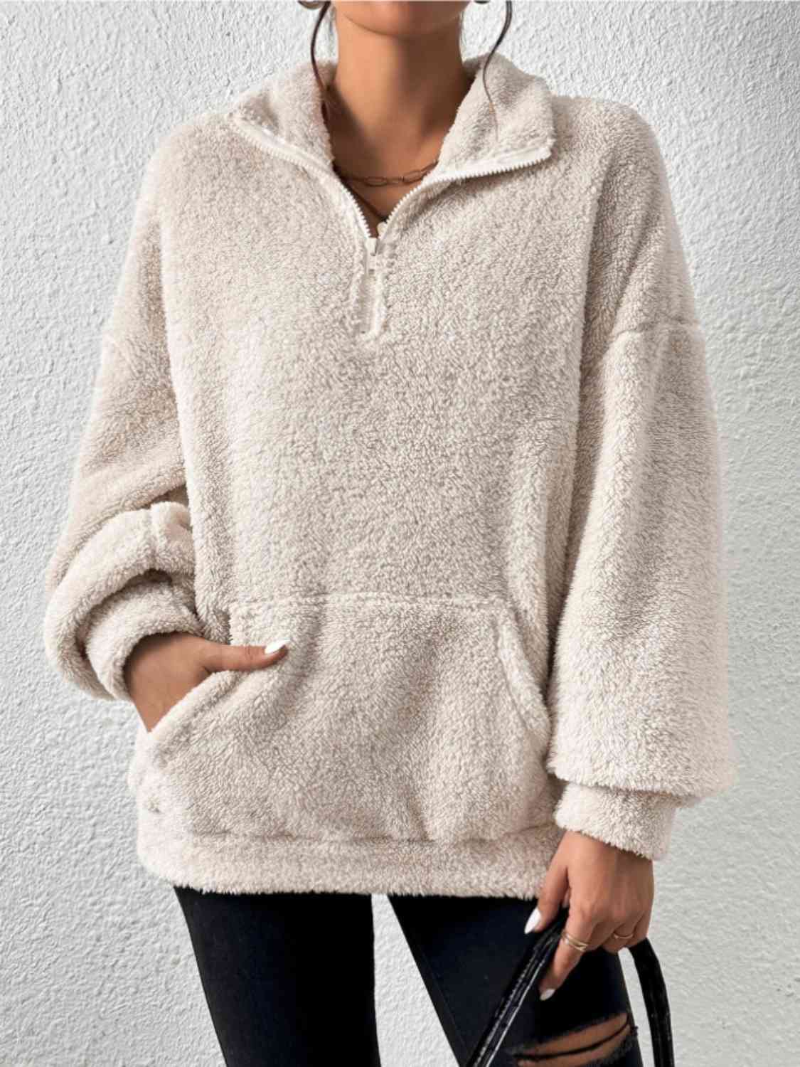 Half Zip Drop Shoulder Sweatshirt with Pocket - Fashion Girl Online Store