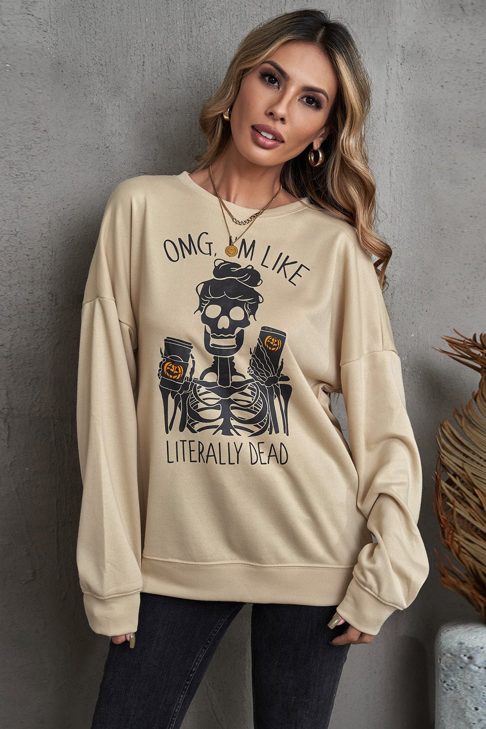Halloween Skeleton Graphic Dropped Shoulder Sweatshirt - Fashion Girl Online Store