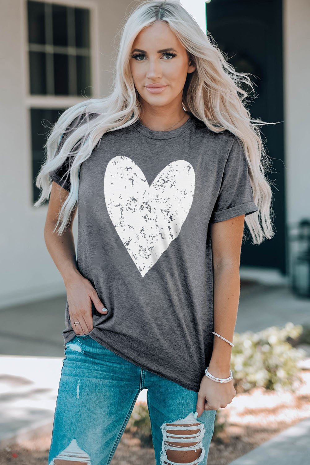 Heart Graphic Cuffed Short Sleeve Tee - Fashion Girl Online Store