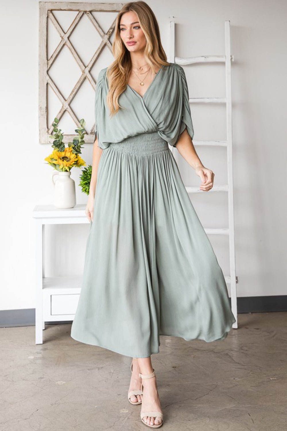 HEYSON Full Size Napa Valley Gauze Surplice Midi Dress - Fashion Girl Online Store