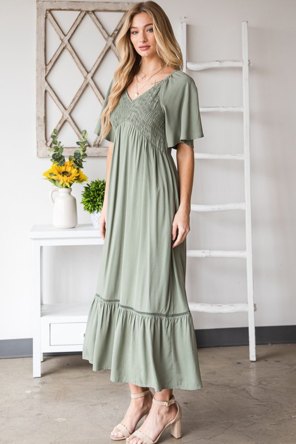 HEYSON Full Size Smocked Pocket Midi Dress in Sage - Fashion Girl Online Store