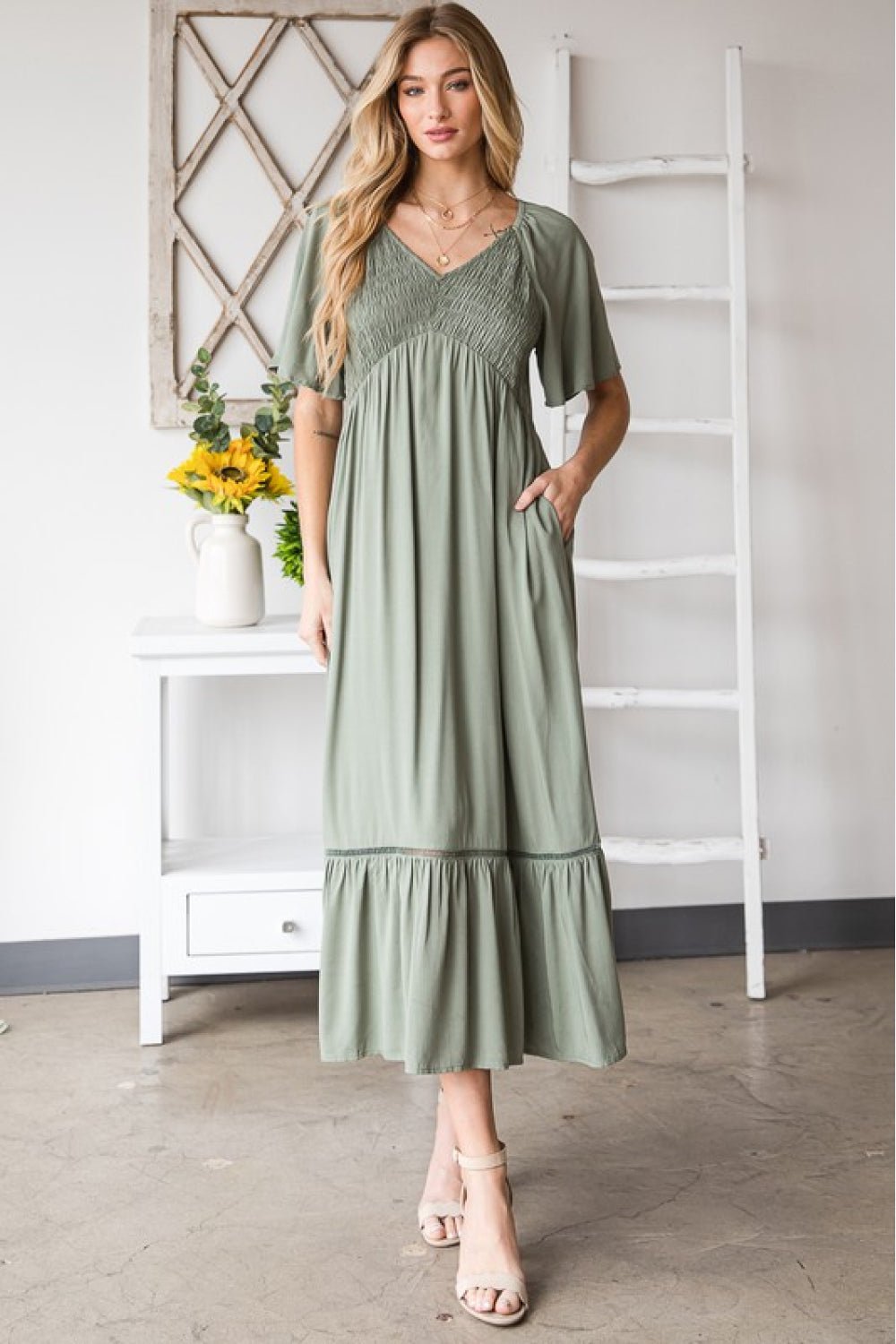 HEYSON Full Size Smocked Pocket Midi Dress in Sage - Fashion Girl Online Store