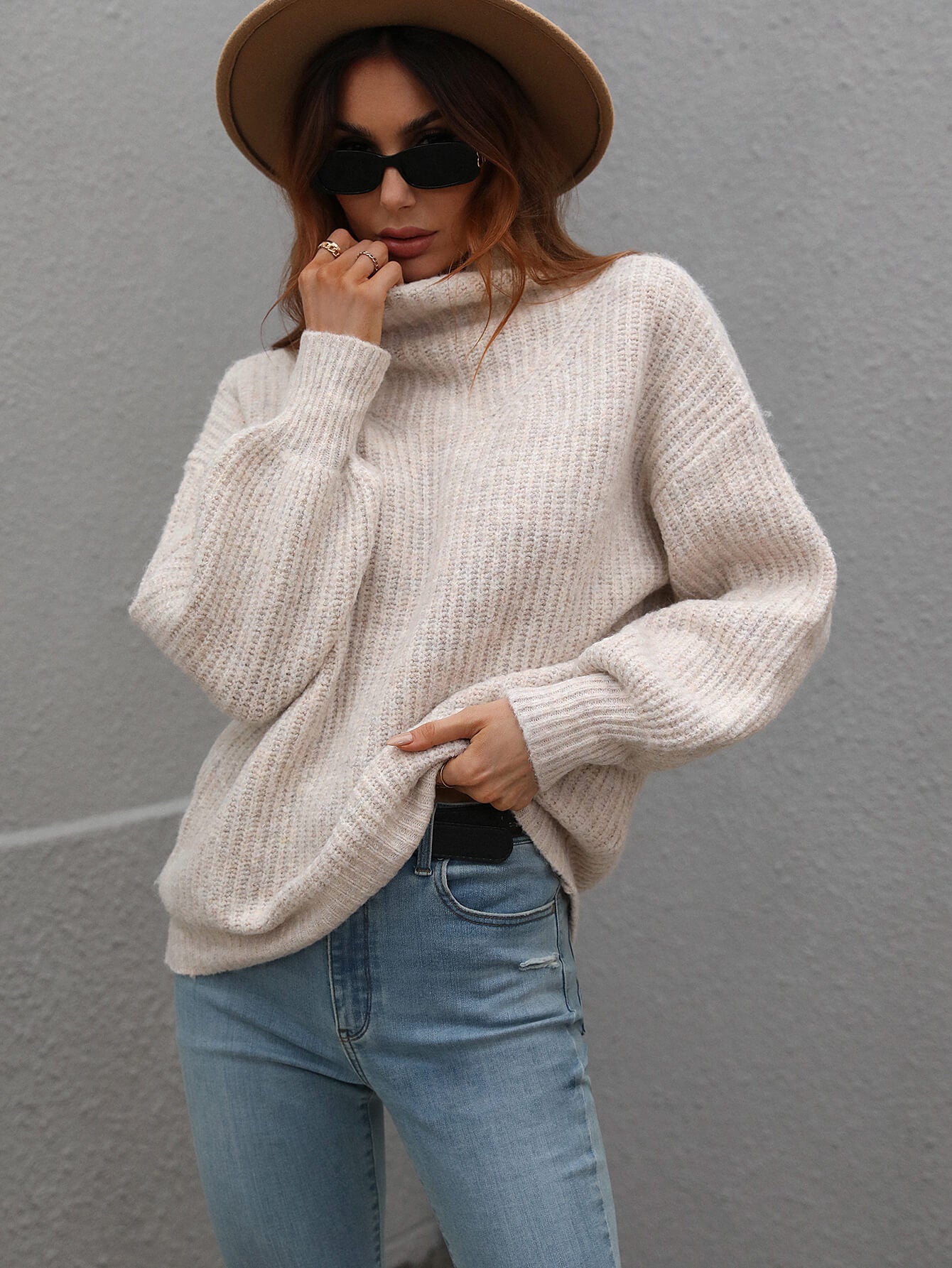 High Neck Balloon Sleeve Rib-Knit Pullover Sweater - Fashion Girl Online Store