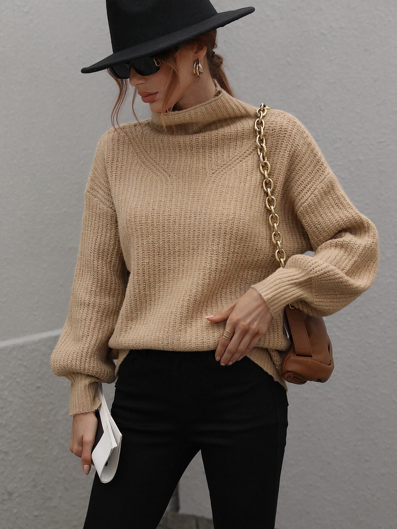 High Neck Balloon Sleeve Rib-Knit Pullover Sweater - Fashion Girl Online Store