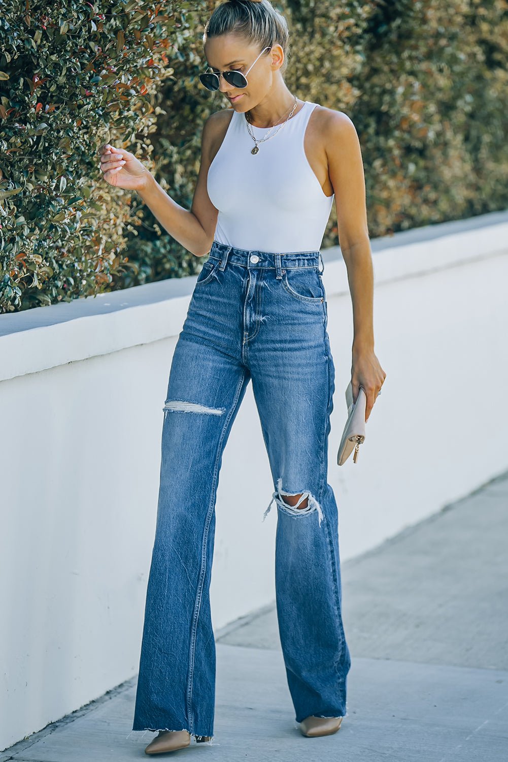 High-Rise Distressed Raw Hem Jeans - Fashion Girl Online Store