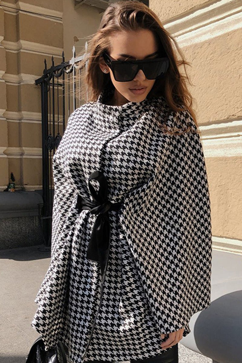 Houndstooth Tie Waist Trench Coat - Fashion Girl Online Store