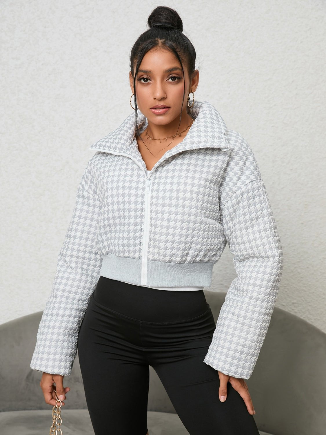 Houndstooth Zip-Up Jacket - Fashion Girl Online Store