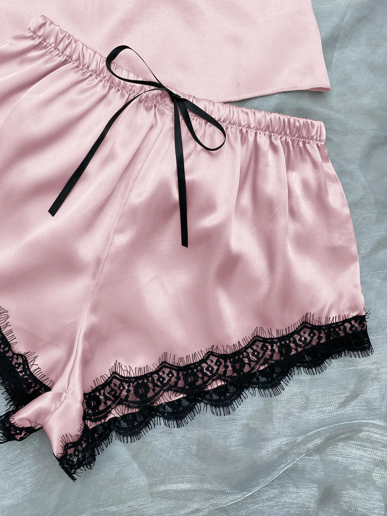 Lace Trim Cami, Shorts, Eye Mask, Scrunchie, and Bag Pajama Set - Fashion Girl Online Store