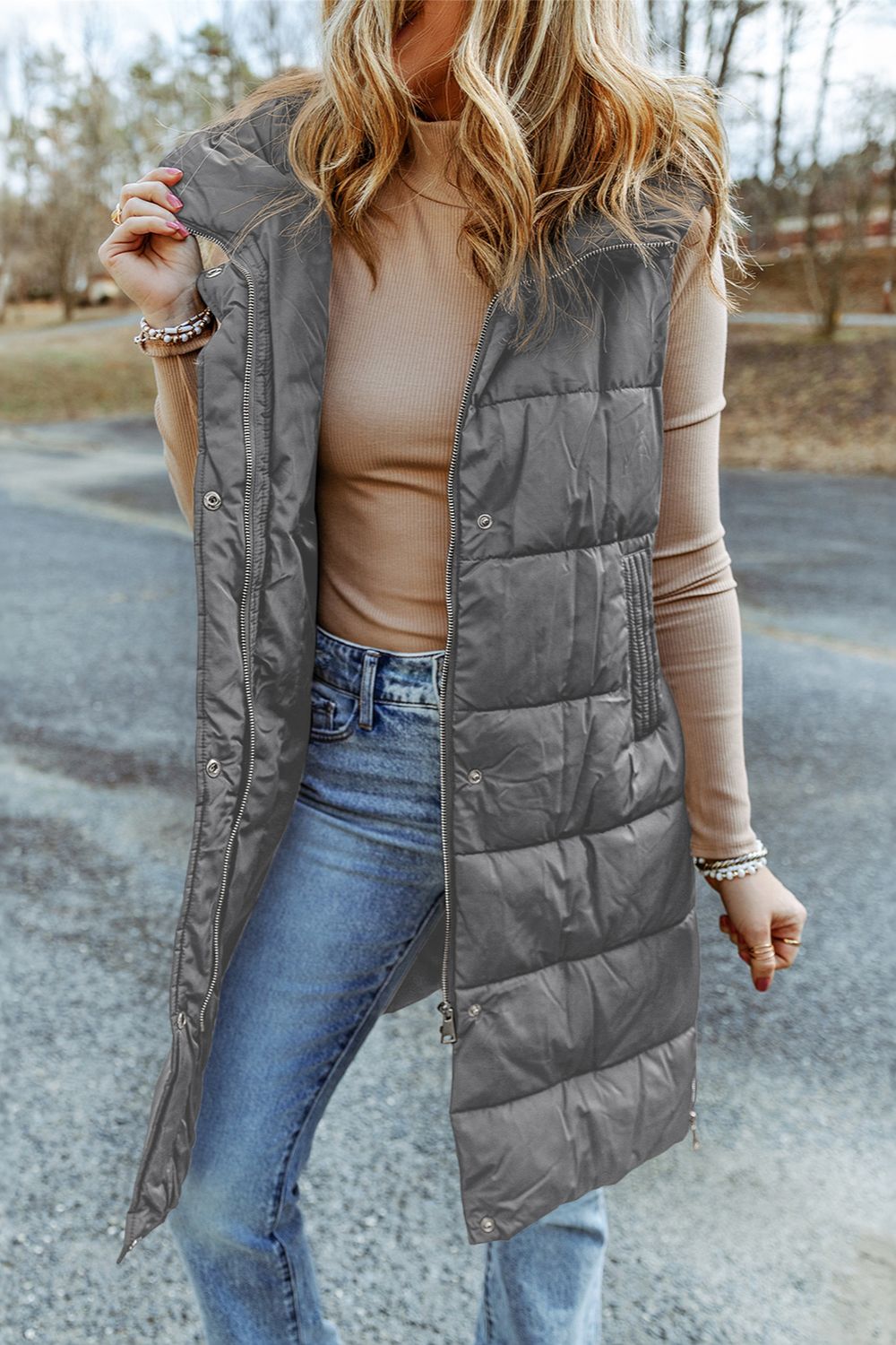 Longline Hooded Sleeveless Puffer Vest - Fashion Girl Online Store