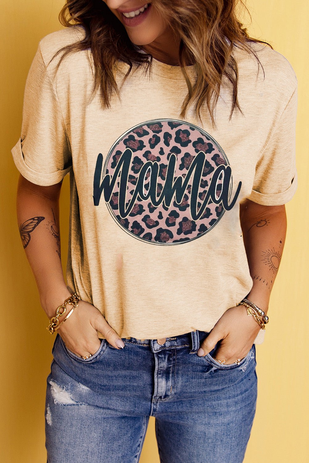 MAMA Leopard Graphic Round Neck Tee - Fashion Girl Online Store