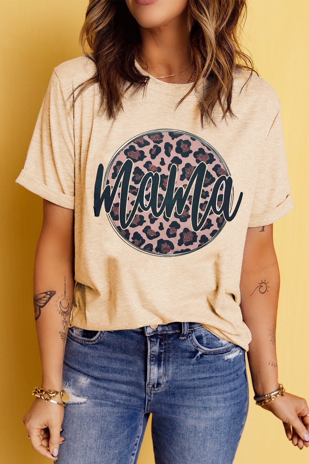 MAMA Leopard Graphic Round Neck Tee - Fashion Girl Online Store