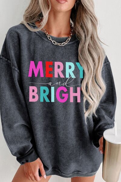 MERRY AND BRIGHT Round Neck Long Sleeve Sweatshirt - Fashion Girl Online Store