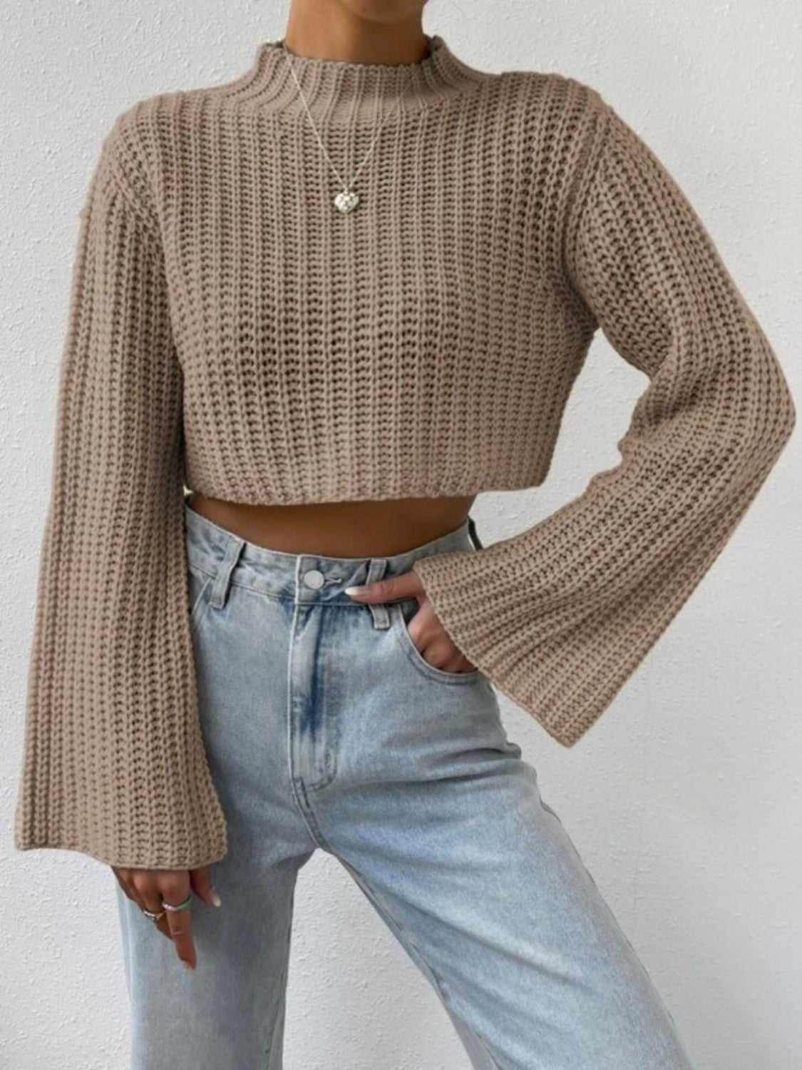 Mock Neck Long Sleeve Cropped Sweater - Fashion Girl Online Store