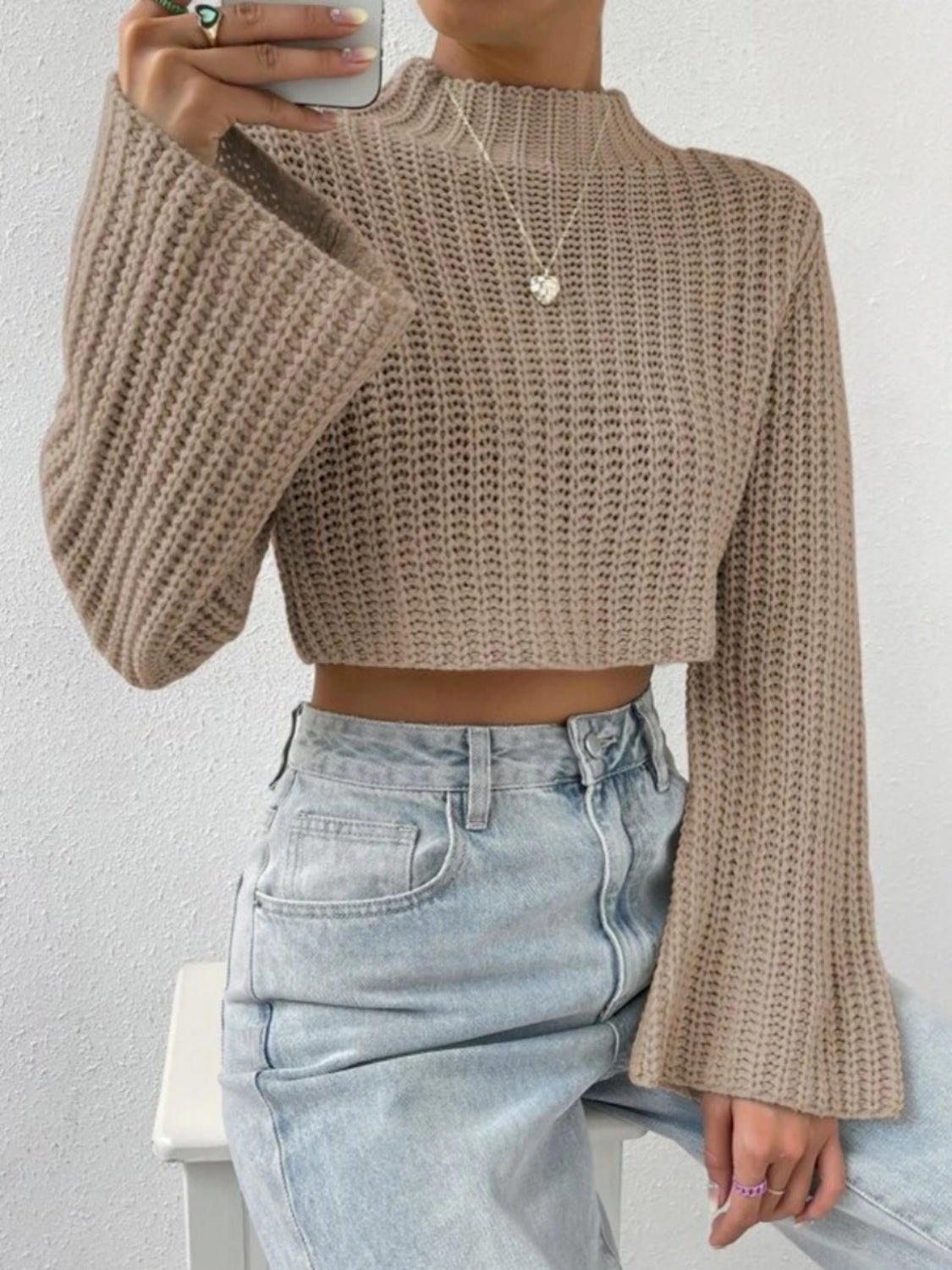 Mock Neck Long Sleeve Cropped Sweater - Fashion Girl Online Store