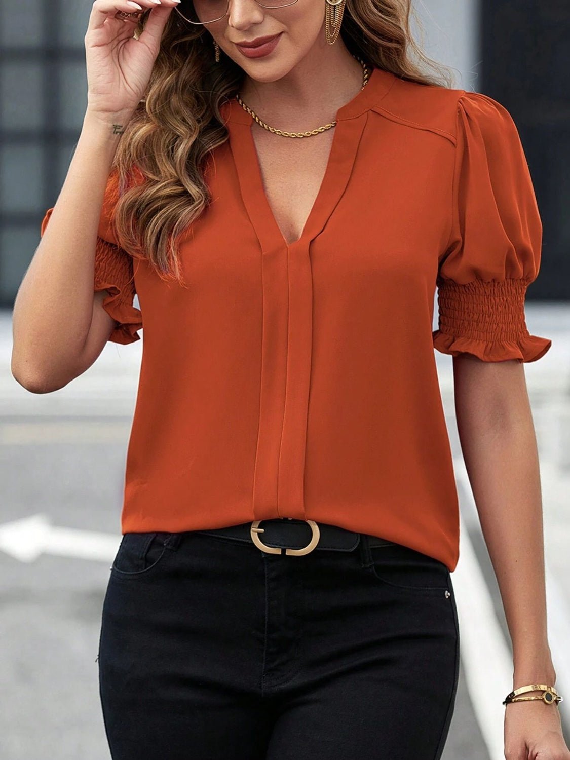 Notched Short Sleeve Blouse - Fashion Girl Online Store