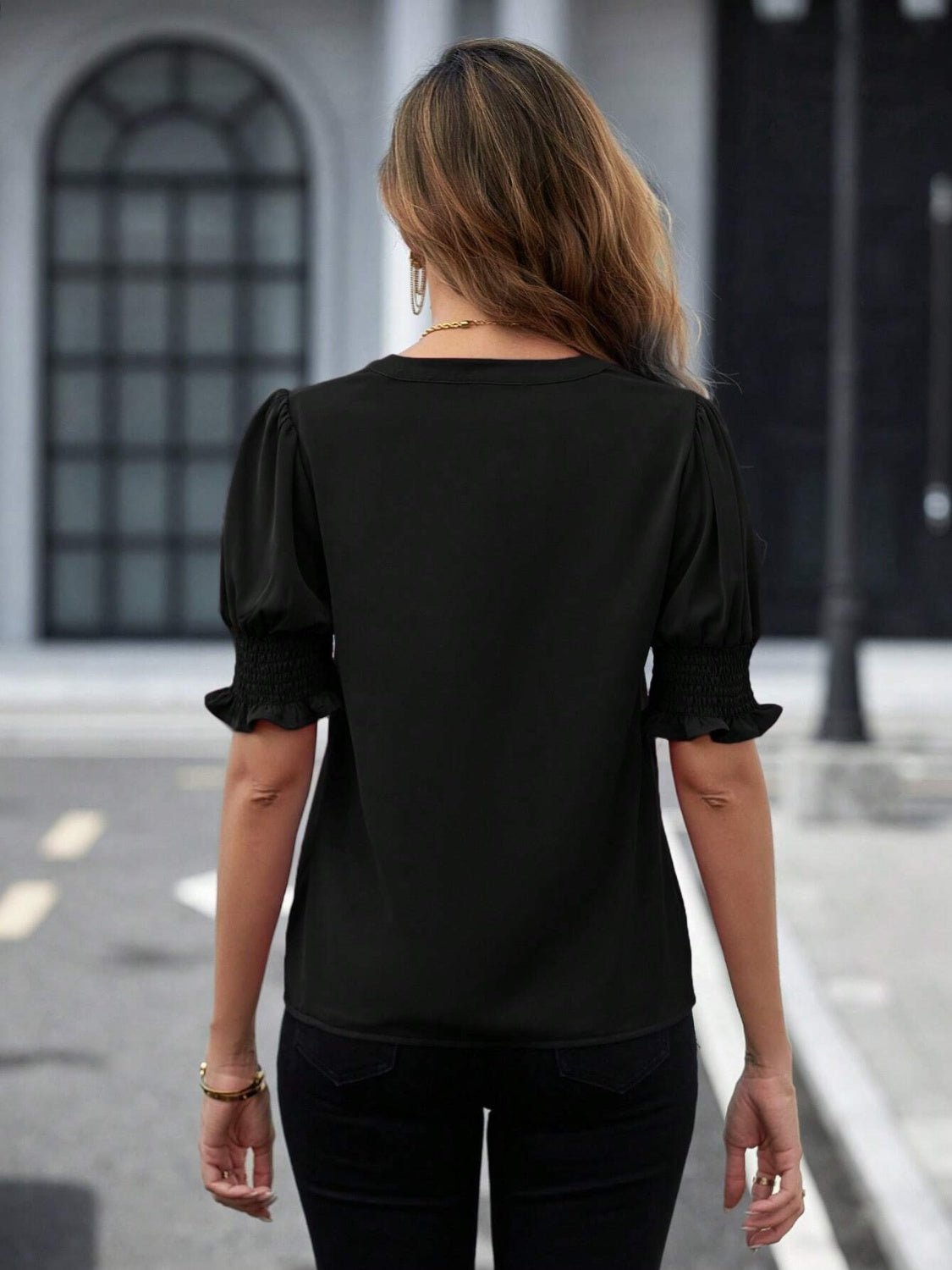 Notched Short Sleeve Blouse - Fashion Girl Online Store