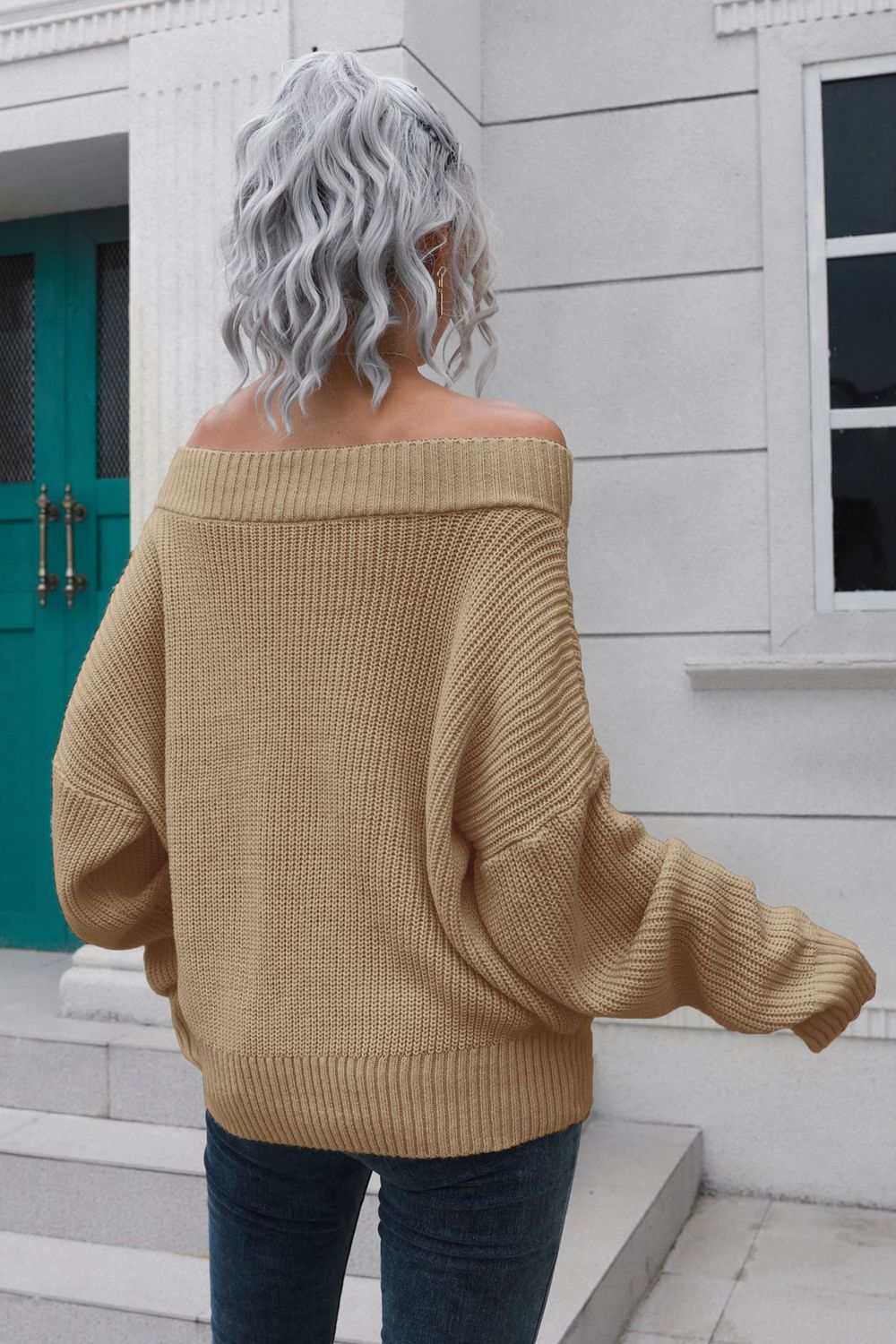 Off-Shoulder Ribbed Long Sleeve Pullover Sweater - Fashion Girl Online Store