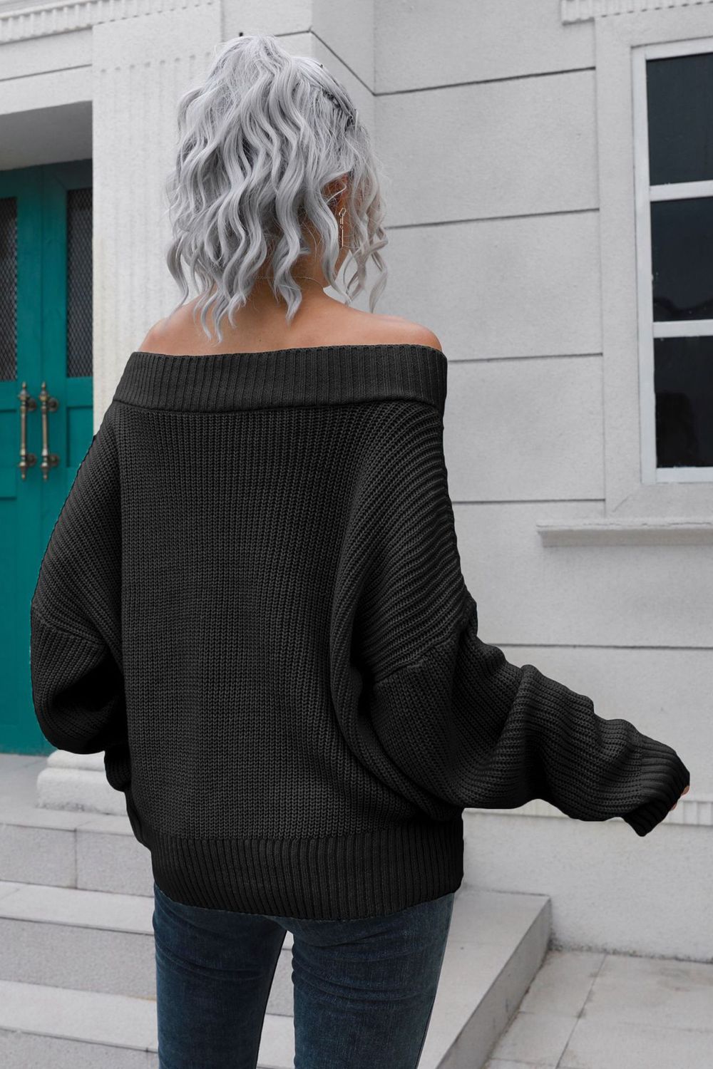 Off-Shoulder Ribbed Long Sleeve Pullover Sweater - Fashion Girl Online Store