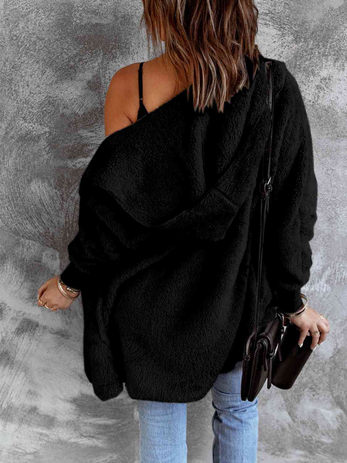 Open Front Hooded Faux Fur Outwear with Pockets - Fashion Girl Online Store