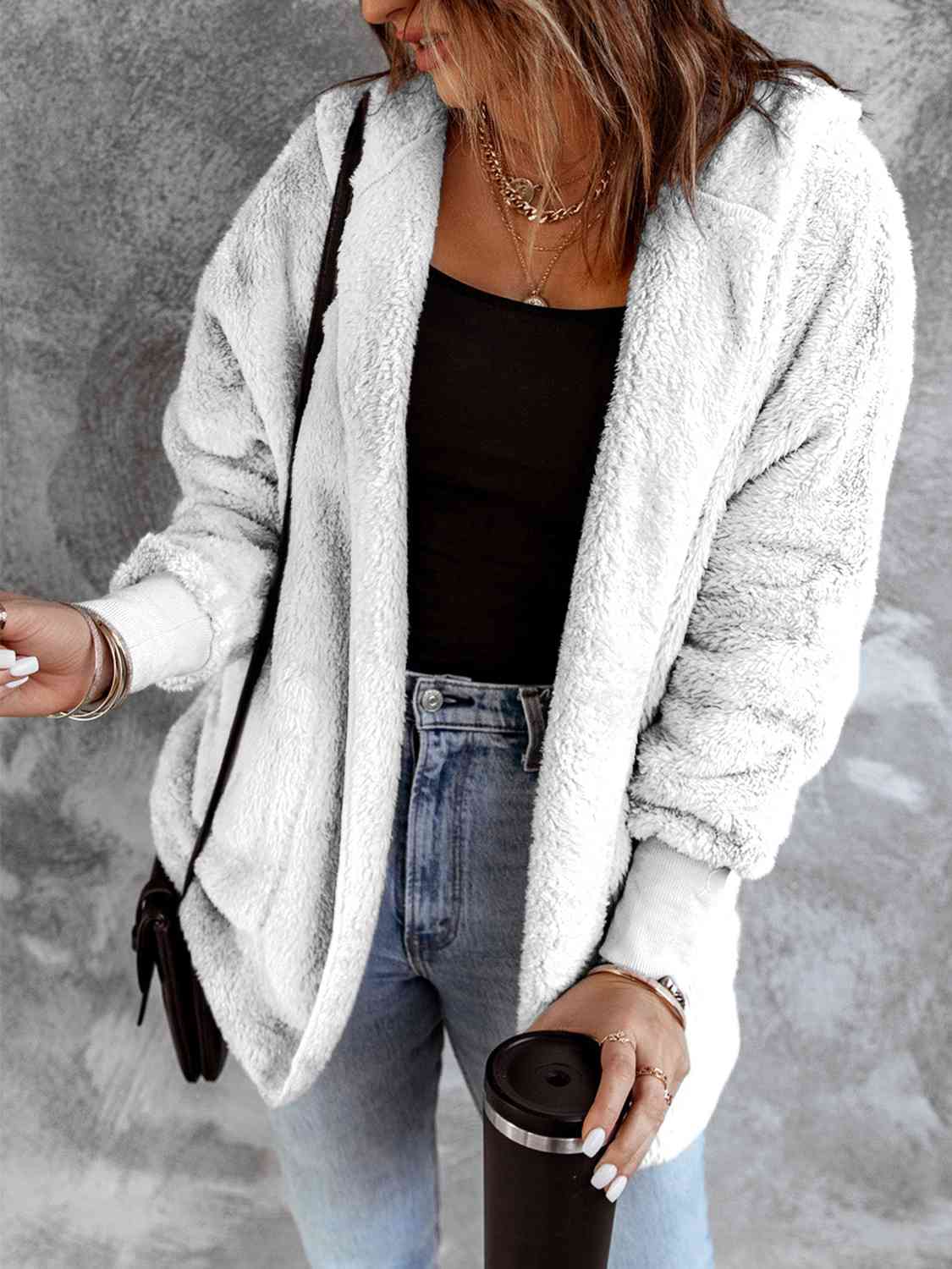 Open Front Hooded Faux Fur Outwear with Pockets - Fashion Girl Online Store