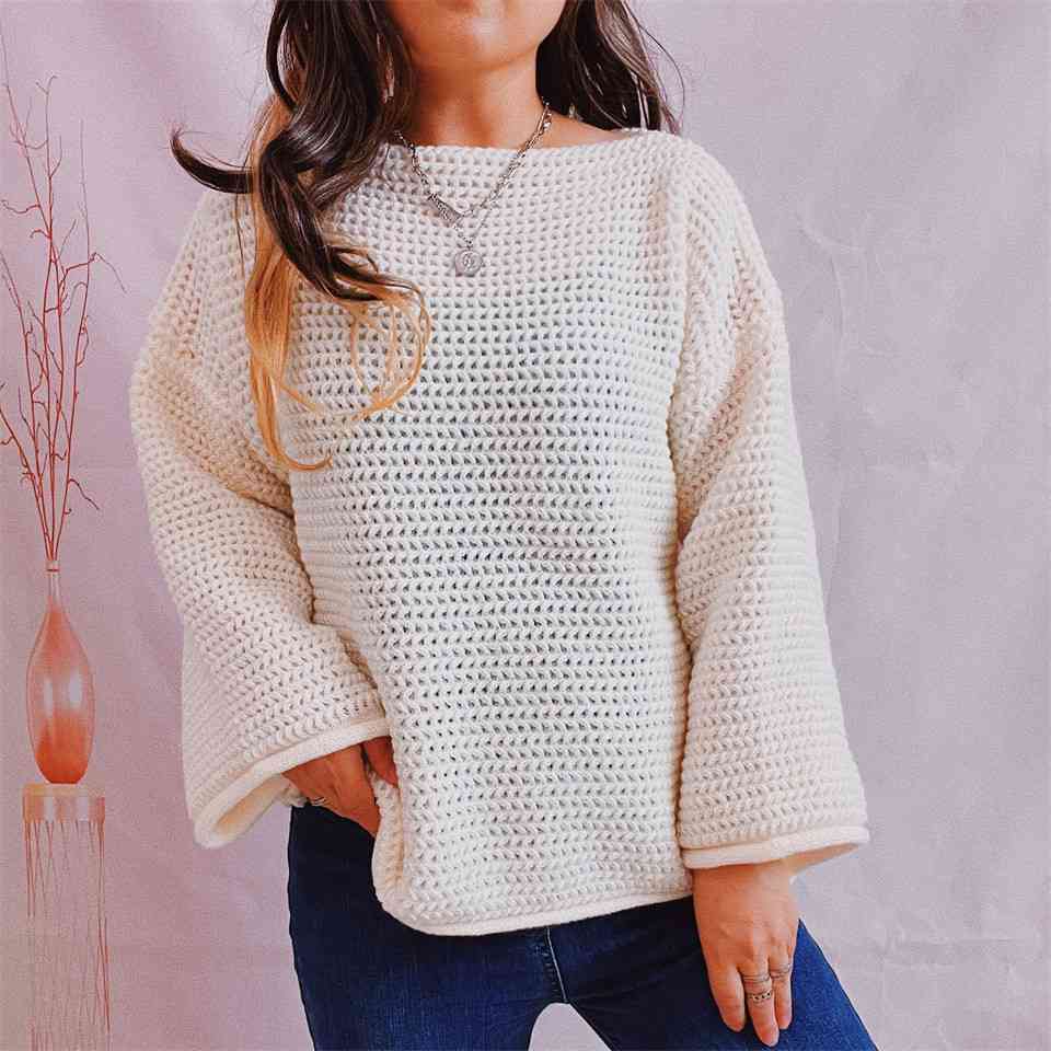 Openwork Boat Neck Long Sleeve Sweater - Fashion Girl Online Store