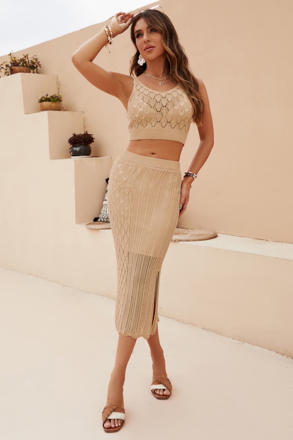 Openwork Cropped Tank and Split Skirt Set - Fashion Girl Online Store