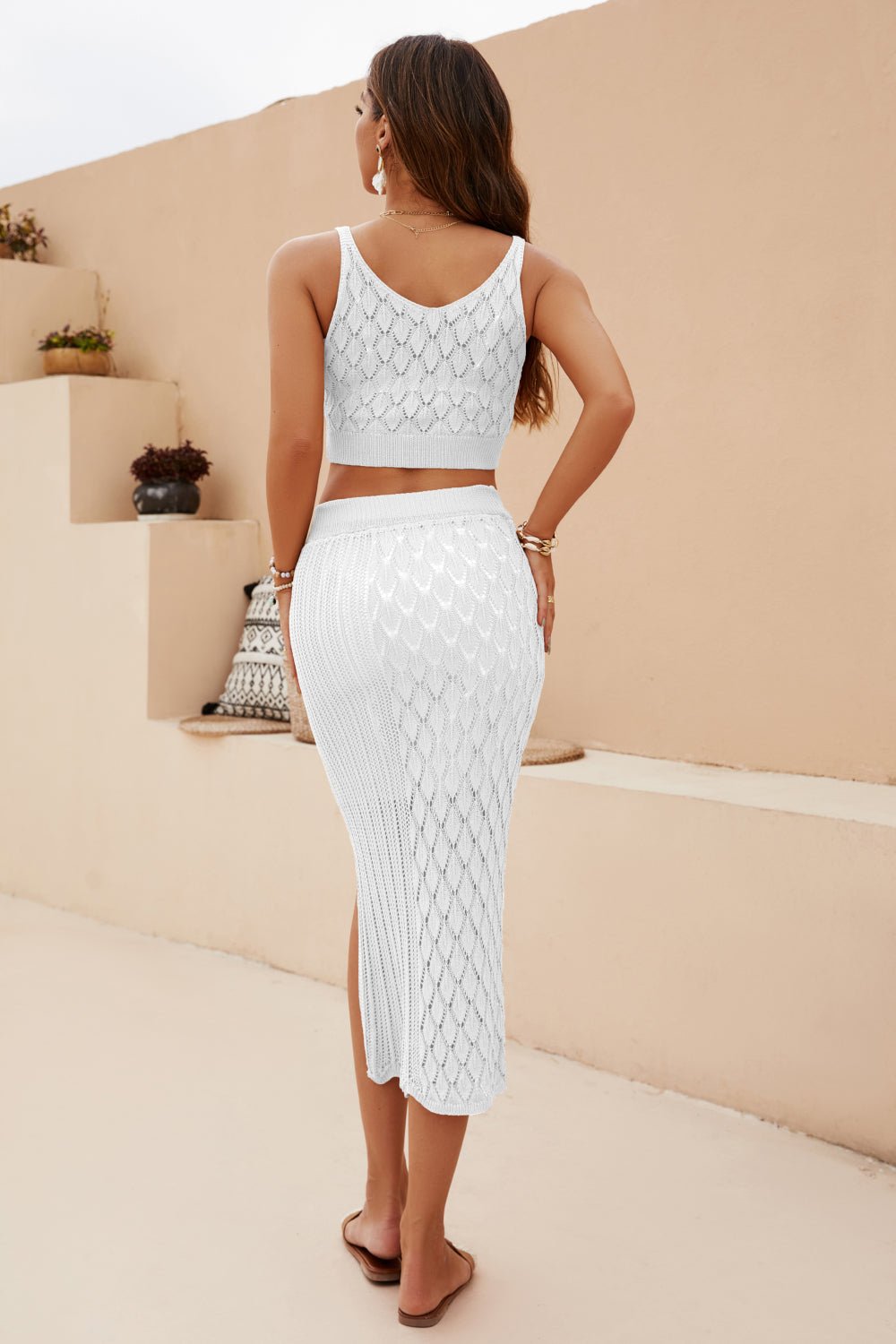 Openwork Cropped Tank and Split Skirt Set - Fashion Girl Online Store