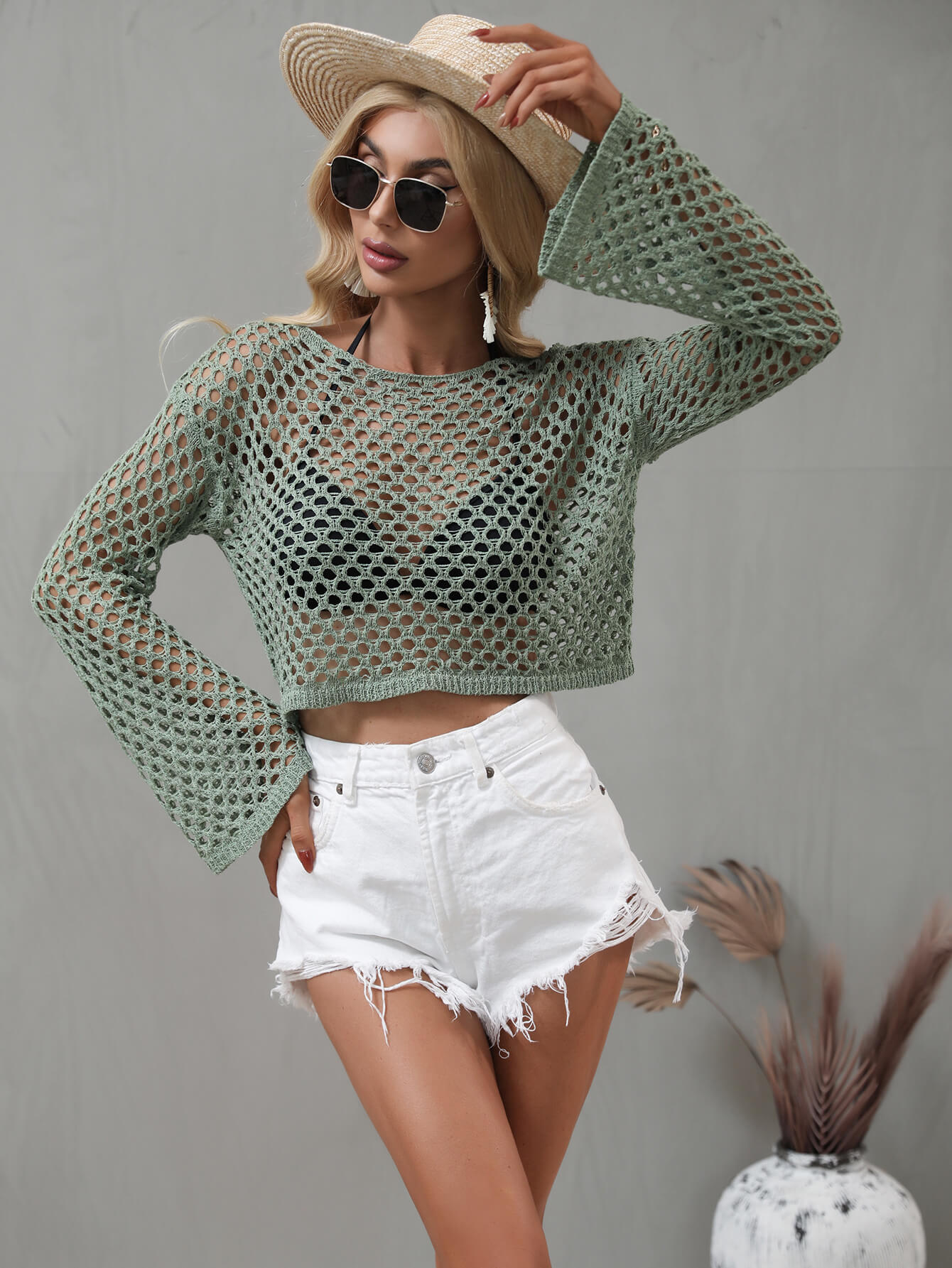 Openwork Flare Sleeve Cropped Cover Up - Fashion Girl Online Store