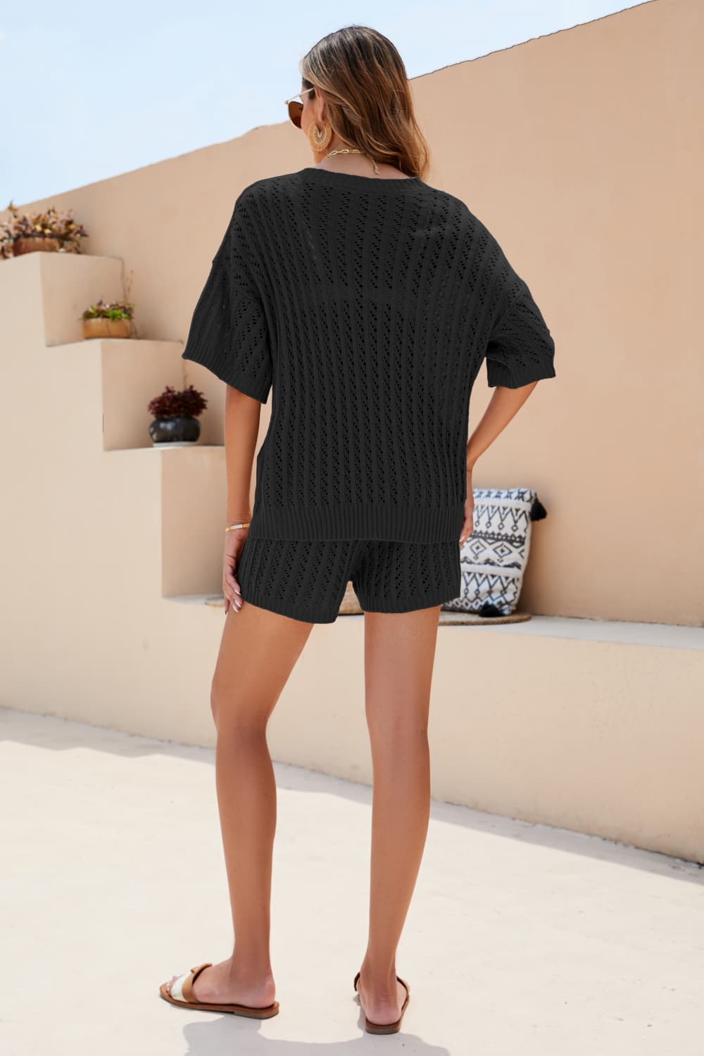 Openwork V-Neck Top and Shorts Set - Fashion Girl Online Store
