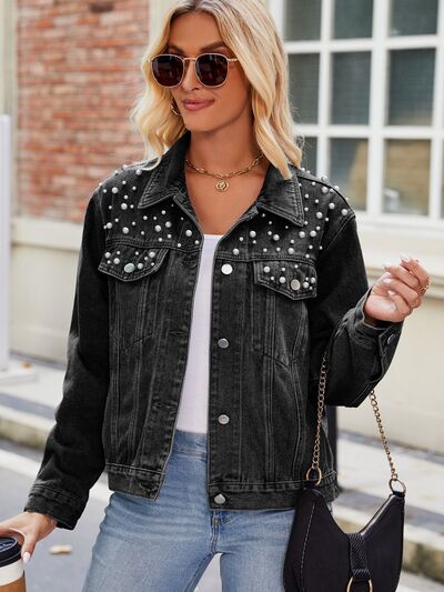 Pearl Detail Collared Neck Long Sleeve Denim Jacket - Fashion Girl Online Store