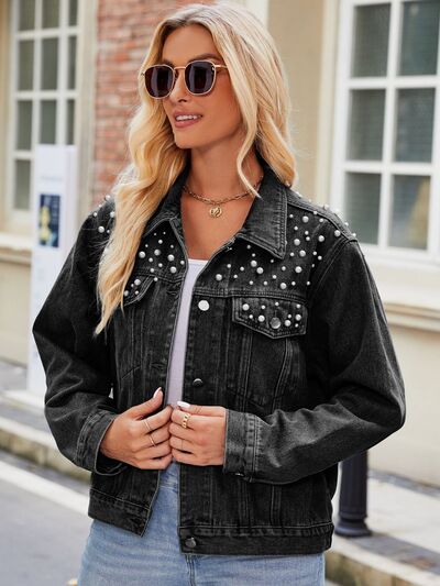 Pearl Detail Collared Neck Long Sleeve Denim Jacket - Fashion Girl Online Store