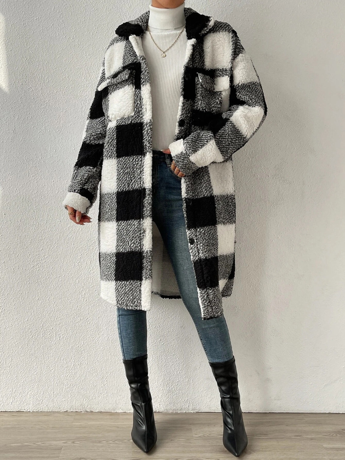 Plaid Collared Neck Button Down Coat - Fashion Girl Online Store