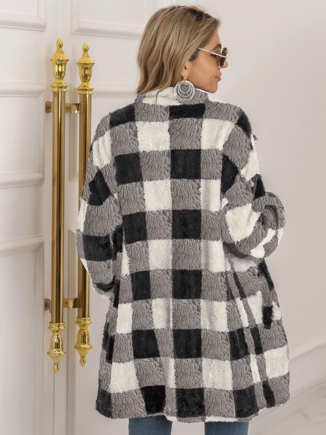 Plaid Collared Neck Longline Coat - Fashion Girl Online Store