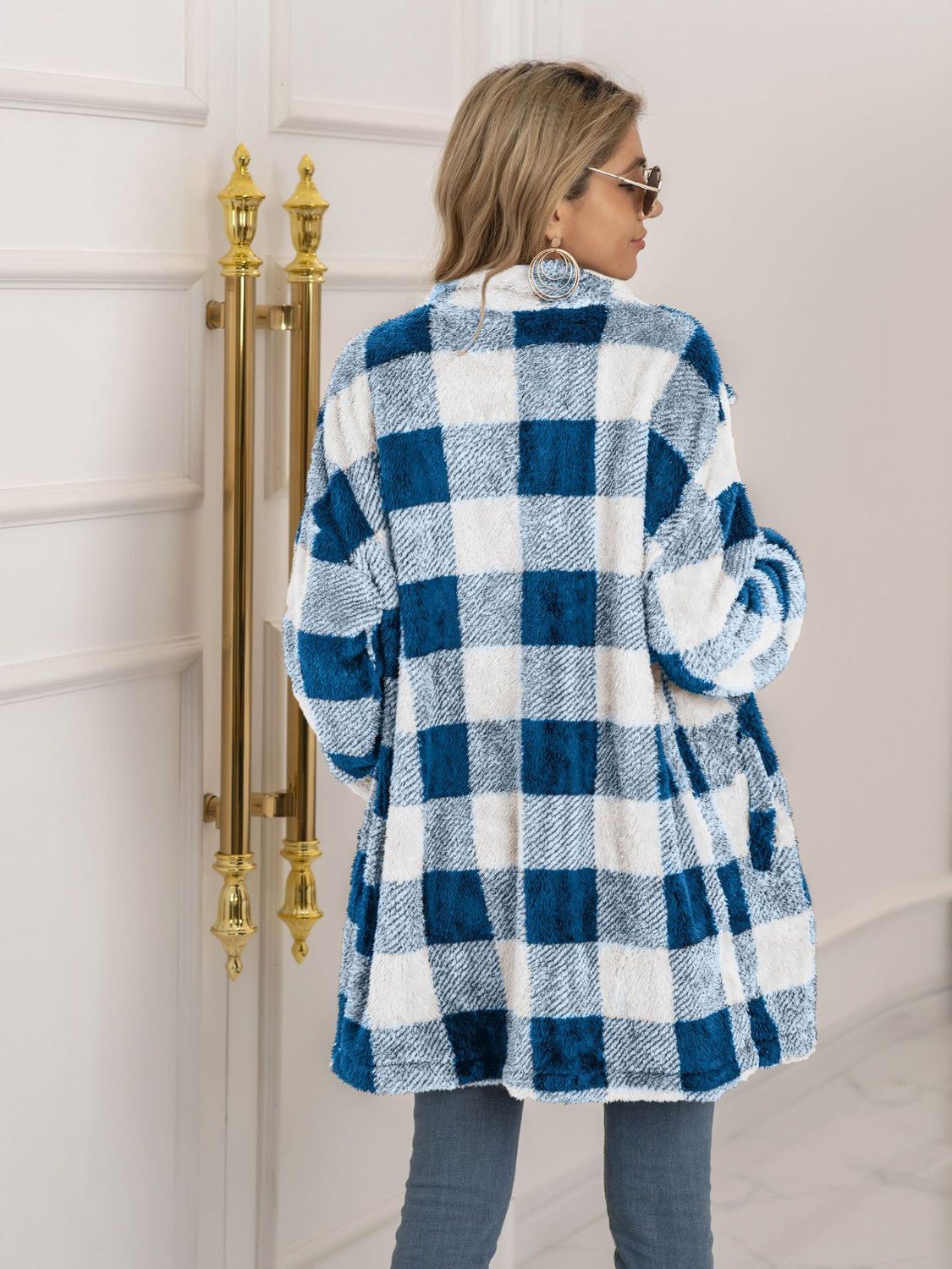 Plaid Collared Neck Longline Coat - Fashion Girl Online Store