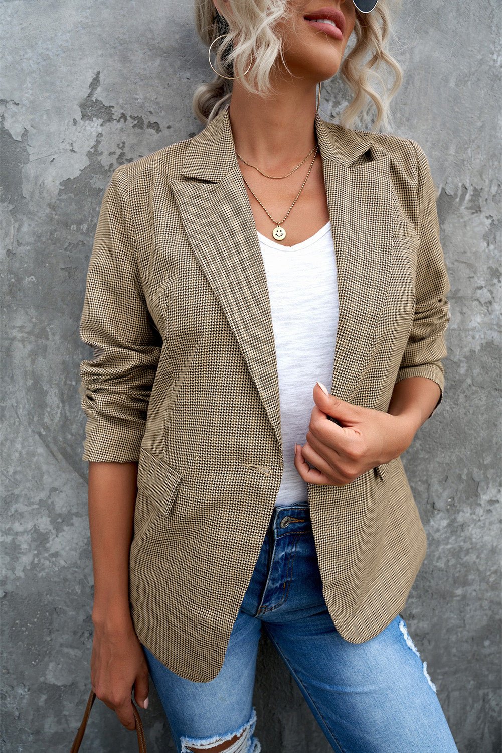 Plaid Lapel Collar Button Cuff Blazer - Fashion Girl Online Store