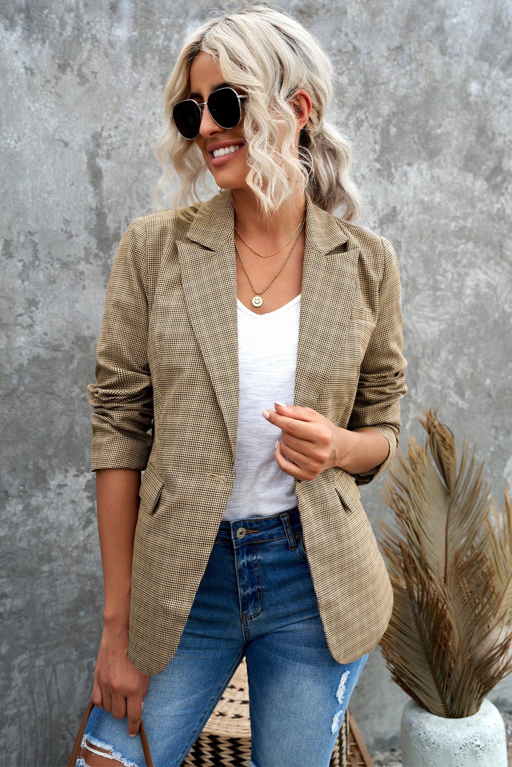 Plaid Lapel Collar Button Cuff Blazer - Fashion Girl Online Store