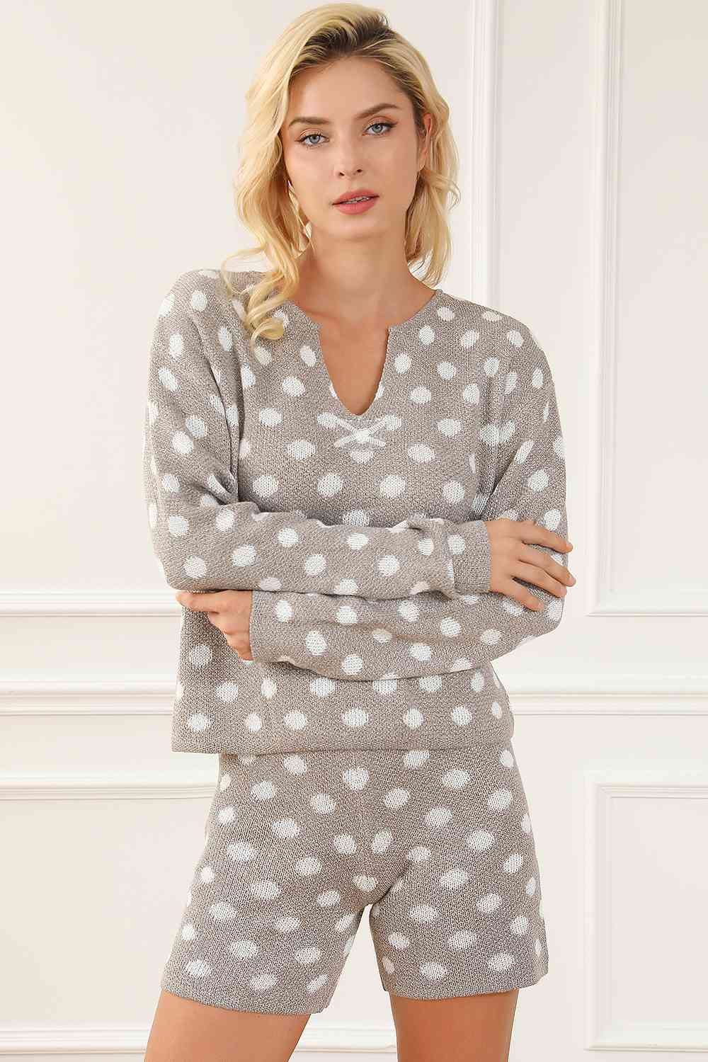 Polka Dot Notched Neck Top and Shorts Set - Fashion Girl Online Store